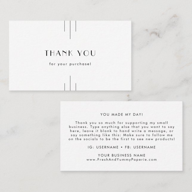 EVERLY Minimalist Art Deco White Black Thank You Business Card (Front/Back)