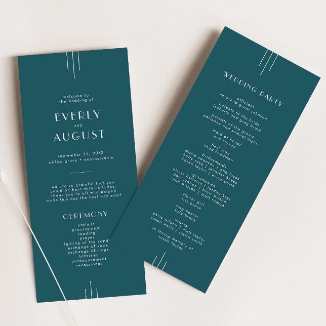 EVERLY Simple Retro Art Deco Peacock Teal Wedding Programme (EVERLY Simple Retro Art Deco Peacock Teal Wedding Program)