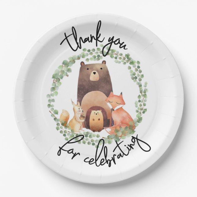 EVERLY woodland Baby Shower|Watercolor|forest Paper Plate (Front)