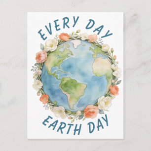 Every Day Earth Day Wreath Floral Watercolor Art Holiday Postcard