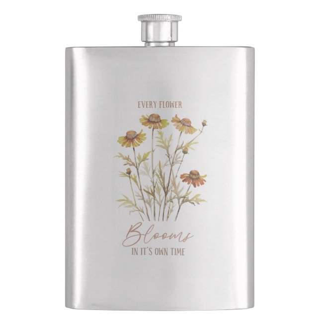 Every Flower Blooms in Its Own Time -Rustic Floral Hip Flask (Front)