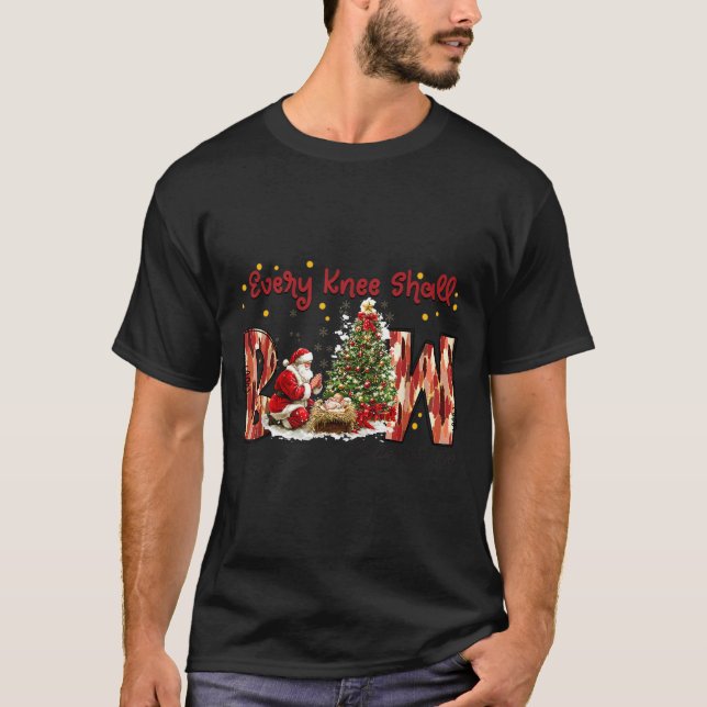 Every Knee Shall Bow Santa And Baby Jesus  T-Shirt (Front)