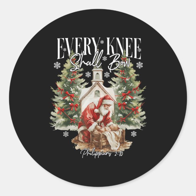 Every Knee Shall Bow Santa Christmas Nativity Scen Classic Round Sticker (Front)