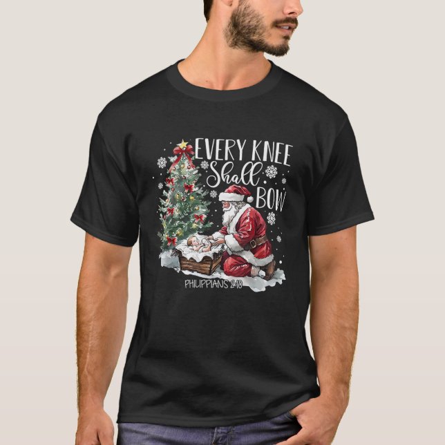 Every Knee Shall Bow Santa Christmas Nativity Scen T-Shirt (Front)