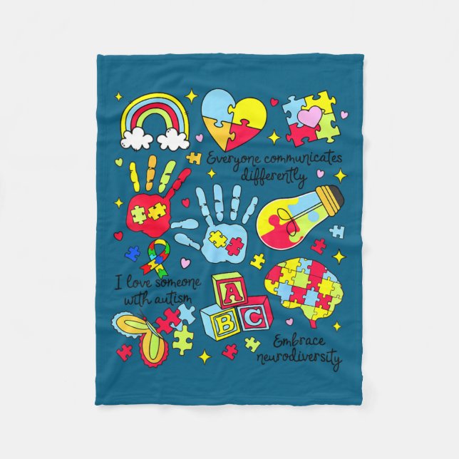 Everyone communicates differently autism awareness fleece blanket (Front)