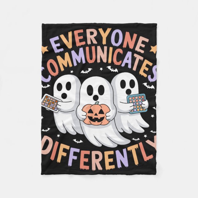 Everyone Communicates Differently Halloween Autism Fleece Blanket (Front)