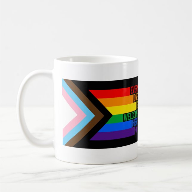 Everyone is Welcome Here (Progress Pride) Flag Coffee Mug (Left)