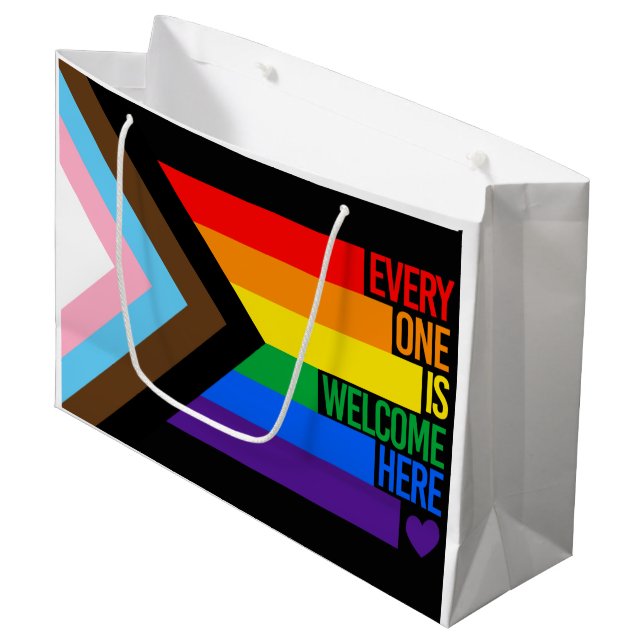 Everyone is Welcome Here (Progress Pride) Flag Large Gift Bag (Front Angled)
