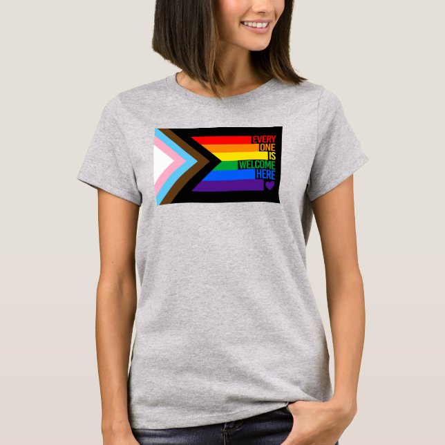 Everyone is Welcome Here (Progress Pride) Flag T-Shirt (Front)
