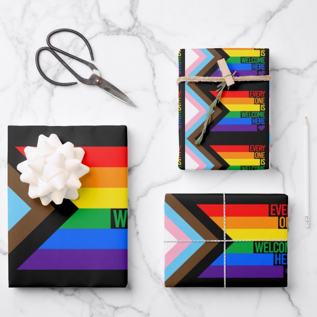 Everyone is Welcome Here (Progress Pride) Flag Wrapping Paper Sheet (Front)