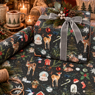 Everything Christmas Reindeer Holly Stars Black Wrapping Paper