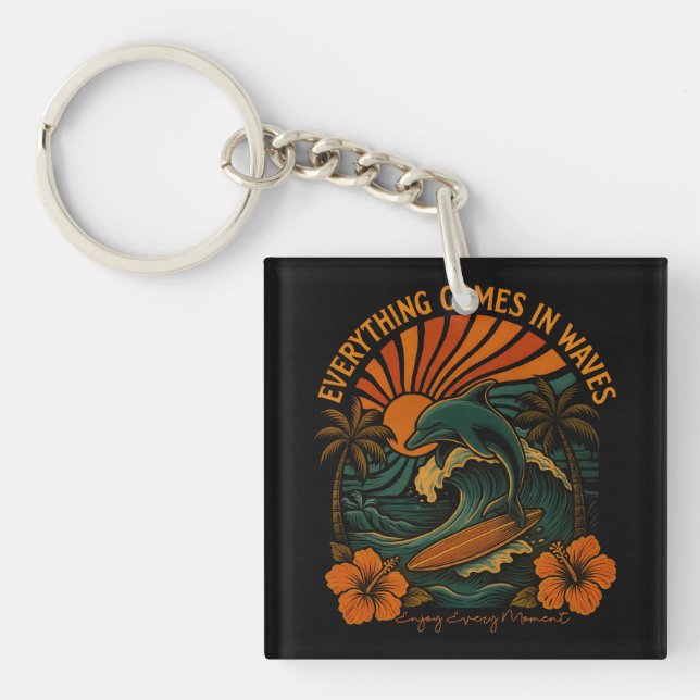 Everything Comes In Waves Retro Key Ring (Front)