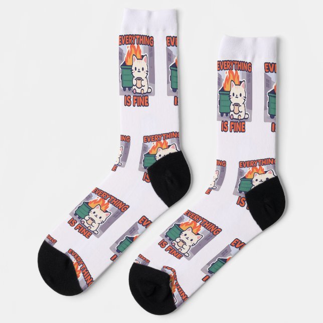Everything is fine cat with coffee dumpster fire socks (Left)