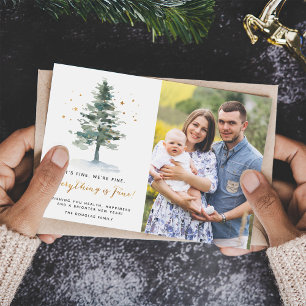 Everything is Fine Script Christmas Tree Photo Holiday Card