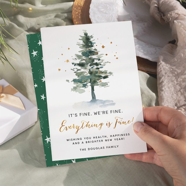 Everything is Fine Watercolor Christmas Tree Holiday Card (Creator Uploaded)