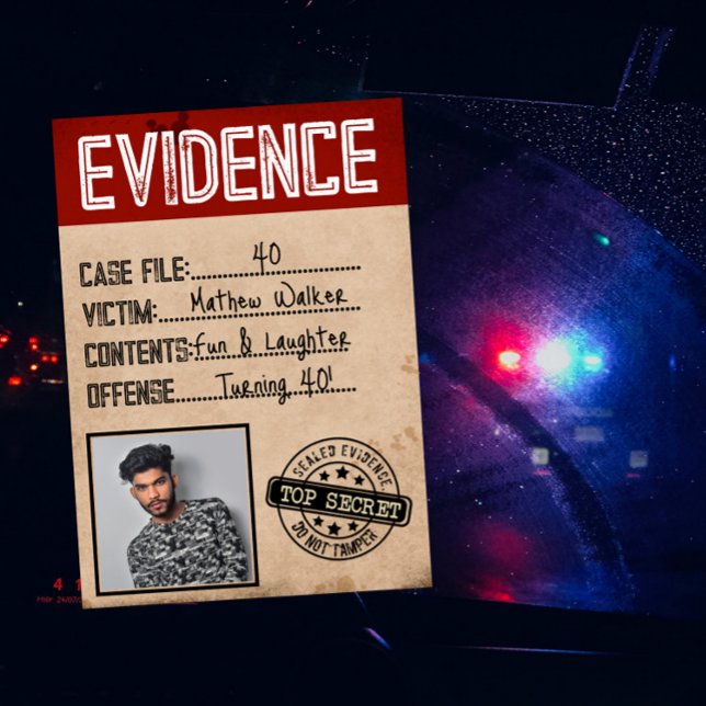Evidence true crime murder mystery birthday photo card (Creator Uploaded)