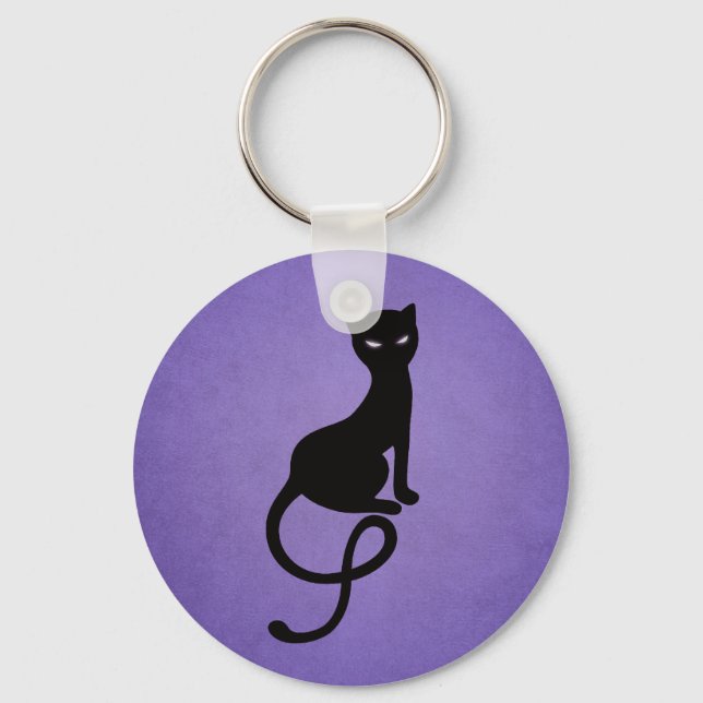 Evil Black Cat Silhouette In Purple Key Ring (Front)