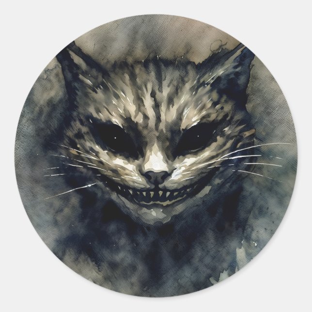 Evil Cat Smiling Watercolor Art Classic Round Sticker (Front)