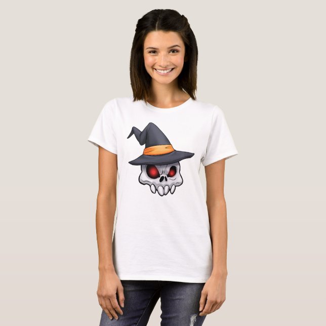 Evil Creepy Halloween Skull Witch T-Shirt (Front Full)