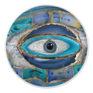 Evil Eye Amulet Agate and gold Ceramic Knob