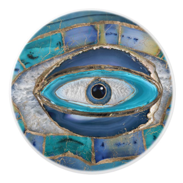 Evil Eye Amulet Agate and gold Ceramic Knob (Front)