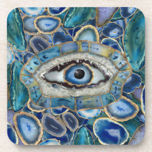 Evil Eye Amulet Blue Geodes and Crystals Coaster