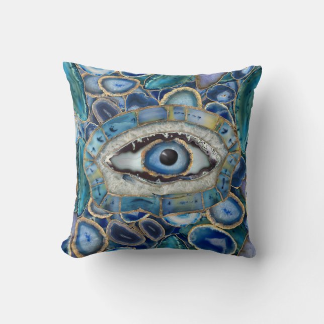 Evil Eye Amulet Blue Geodes and Crystals Cushion (Front)
