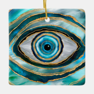 Evil Eye Amulet Watercolor marbles and gold Ceramic Ornament