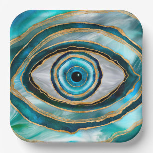 Evil Eye Amulet Watercolor marbles and gold Paper Plate