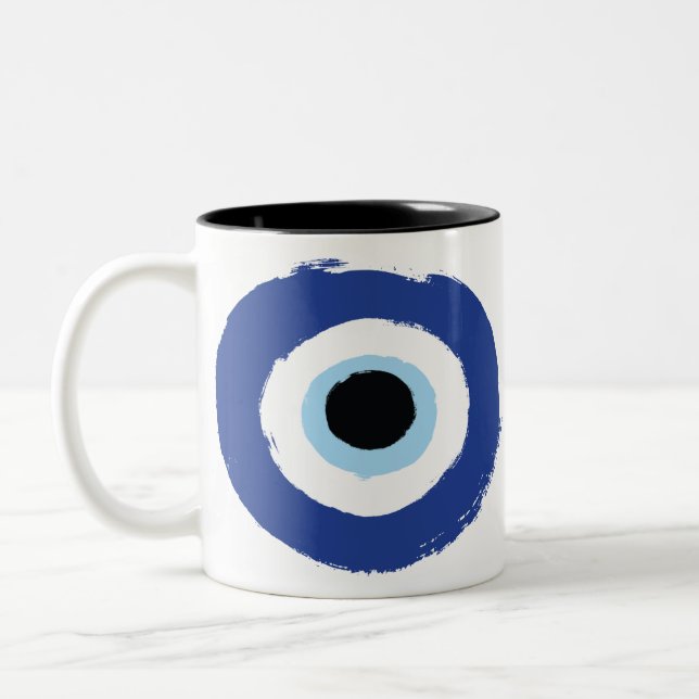 Evil Eye Artistic Blue Greek Two-Tone Coffee Mug (Left)