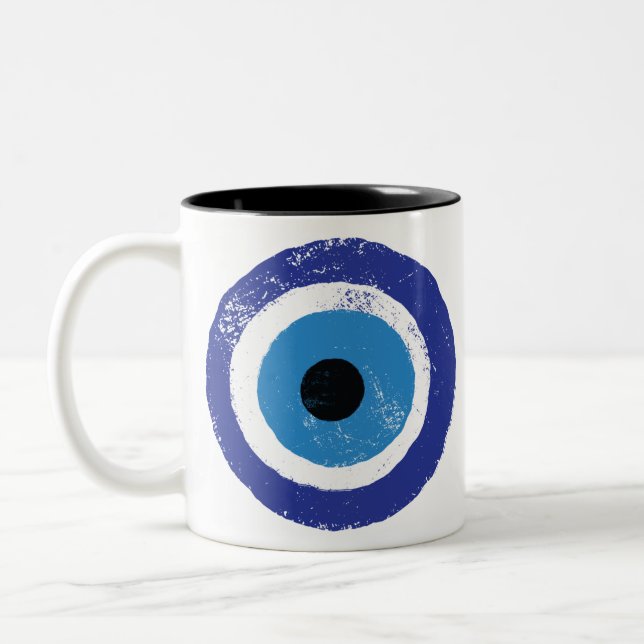Evil Eye Artistic Blue Greek Two-Tone Coffee Mug (Left)
