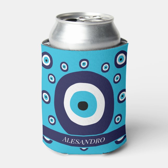 Evil Eye Blue and White Nazar Pattern Can Cooler (Can Front)
