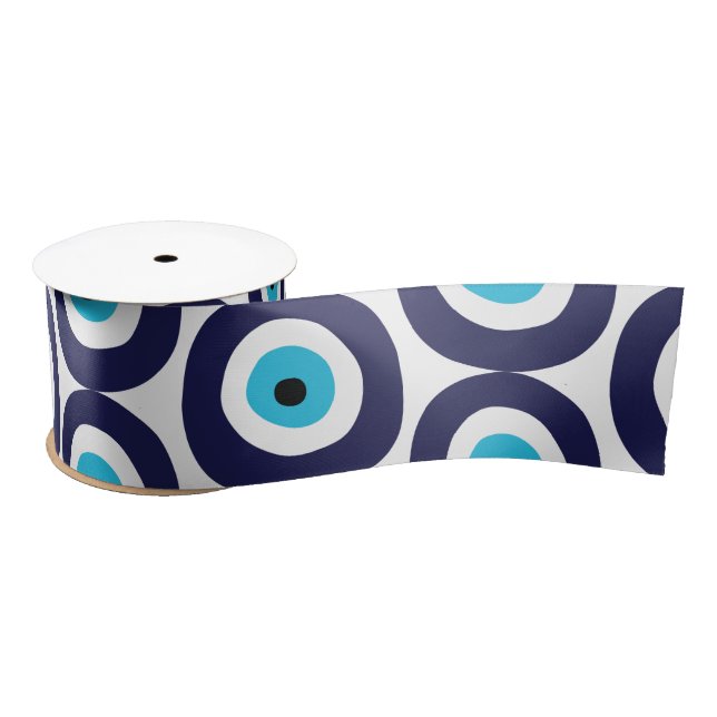 Evil Eye Circles Pattern in Aqua White Navy Blue Satin Ribbon (Spool)
