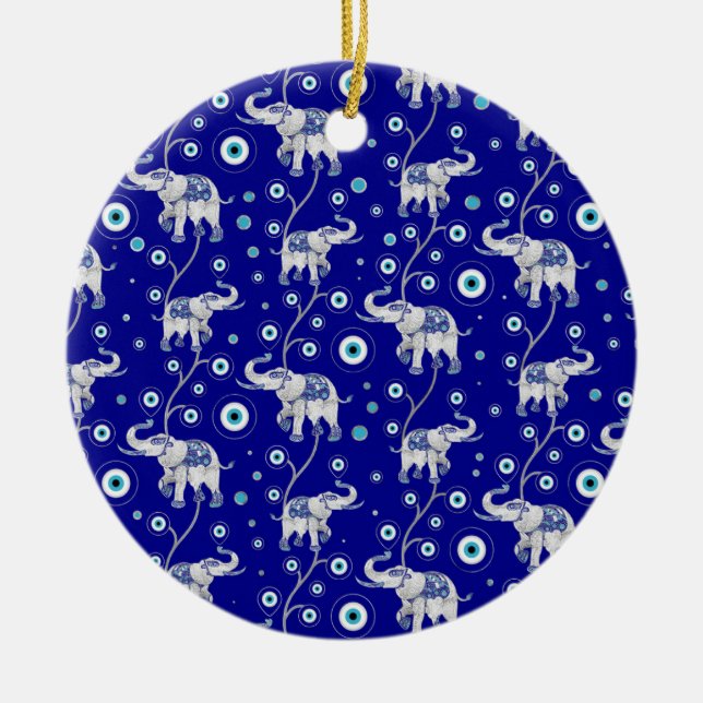 Evil Eye Elephant Good Luck amulet pattern Ceramic Tree Decoration (Front)
