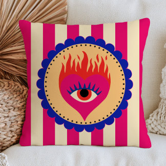 Evil Eye Heart in Flames Funky Folk Art Striped Cushion