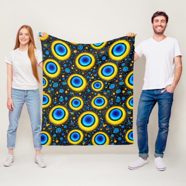 Evil eye pattern throw vibrant blue and gold prote fleece blanket (In Situ)