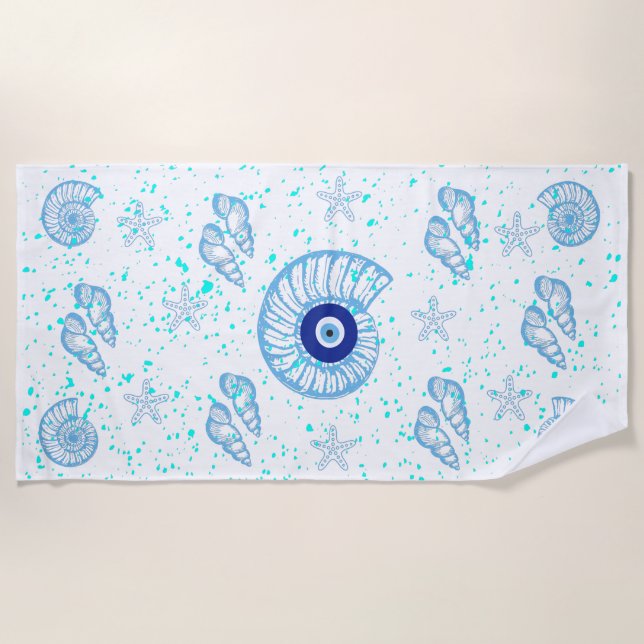 Evil Eye Protection Sea Shells Summer Beach Towel (Front)