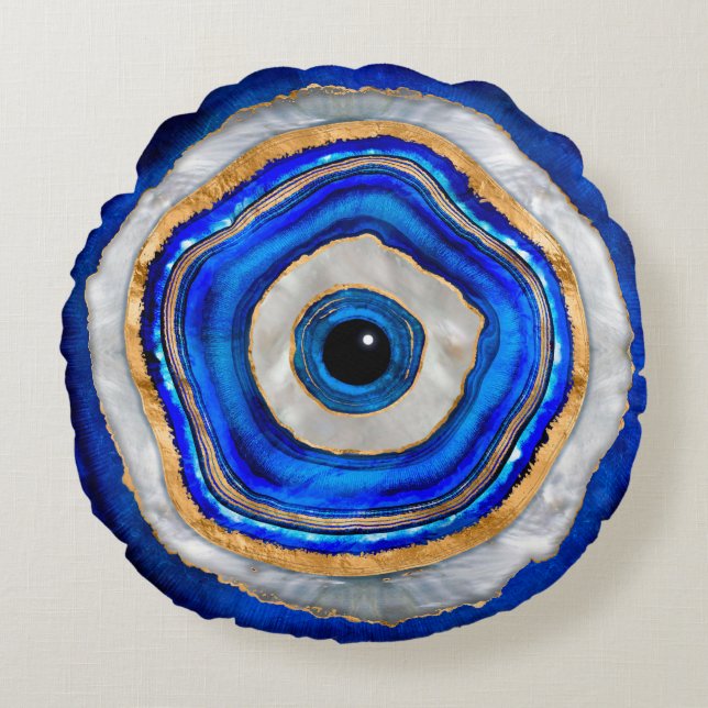Evil Eye Watercolor agate and gold Round Cushion (Front)