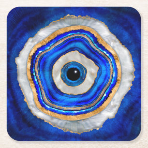 Evil Eye Watercolor agate and gold Square Paper Coaster