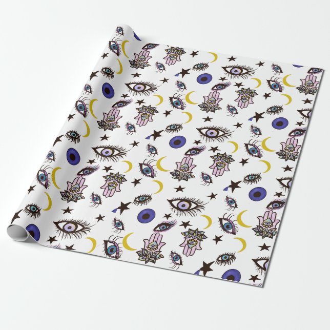 evil eye wrapping paper, with moons, stars hamsas paper (Unrolled)