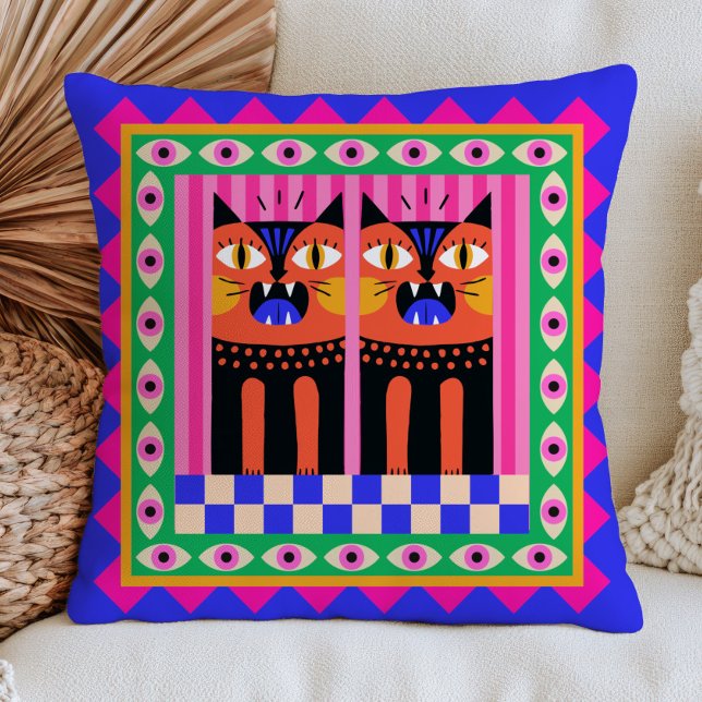 Evil Eyes Funky Cats Bold Maximalist Feline Art Cushion (Creator Uploaded)