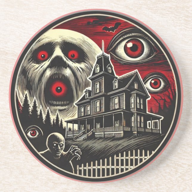 Evil Eyes Haunted House Halloween Coaster (Front)