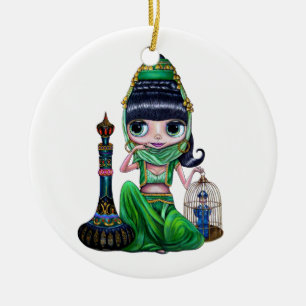 Evil Green Genie Belly Dancer Big Eyes Cute Ceramic Tree Decoration