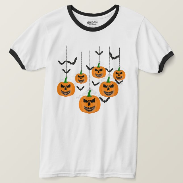 Evil Halloween Pumpkin Lanterns with Bats Pattern T-Shirt (Design Front)