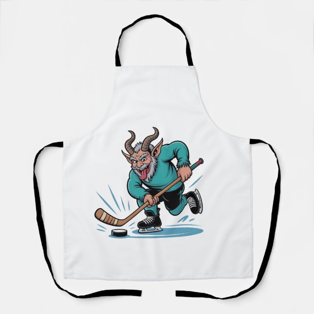 Evil Krampus Playing Ice Hockey Christmas Sport  Apron (Front)