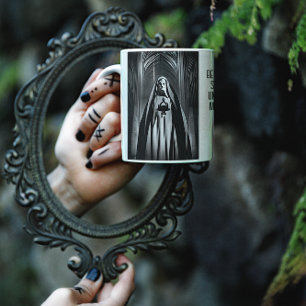 Evil nun in a dark cathedral coffee mug