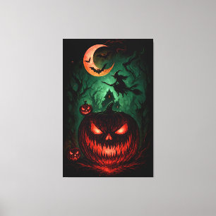 Evil Pumpkin Under Blood Moon   Witch Flying Hallo Canvas Print