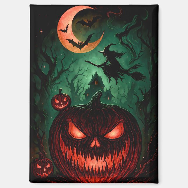 Evil Pumpkin Under Blood Moon | Witch Flying Hallo Magnet (Front)