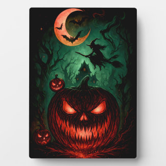 Evil Pumpkin Under Blood Moon | Witch Flying Hallo Plaque