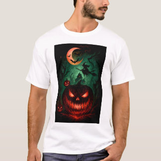 Evil Pumpkin Under Blood Moon | Witch Flying Hallo T-Shirt